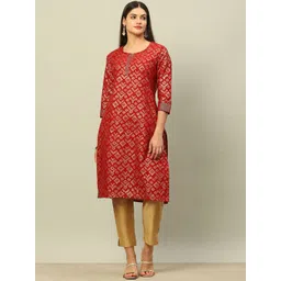 Rangriti Geometric Woven Design Round Neck Three Quarter Sleeves Straight Kurta-picture-24