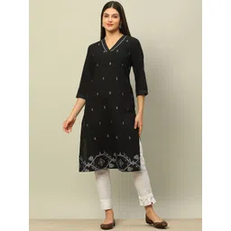 Rangriti Geometric Woven Design V-Neck Three-Quarter Sleeves Regular Straight Kurta-picture-25