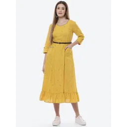 Rangriti Mustard Yellow Ethnic Motifs Printed Midi Dress-picture-24