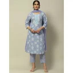 Rangriti Round Neck Floral Printed Gotta Patti Pure Cotton Kurta with Trousers & Dupatta-picture-30