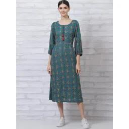 Rangriti Teal Blue Printed A-Line Dress-picture-18