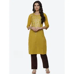 Rangriti Women Mustard Yellow & Gold-Toned Floral Printed Kurta-picture-16