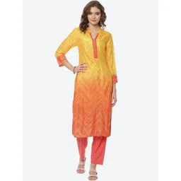 Rangriti Women Mustard Yellow & Orange Chevron Printed Kurta-picture-38