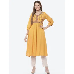 Rangriti Women Mustard Yellow Ethnic Motifs Yoke Design Kurta-picture-37