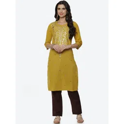 Rangriti Women Mustard Yellow Floral Embroidered Thread Work Kurta-picture-27