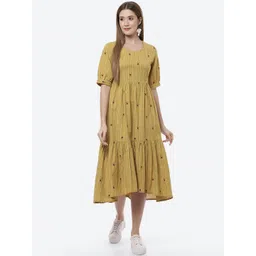 Rangriti Women Mustard Yellow Floral Ethnic A-Line Midi Dress-picture-26