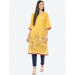 Rangriti Women Mustard Yellow Floral Flared Sleeves Kurta-picture-25