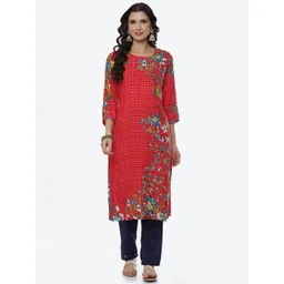 Rangriti Women Red Floral Printed Thread Work Kurta-image-34