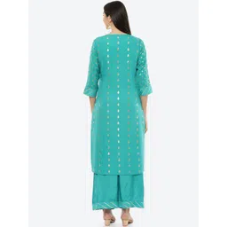 Rangriti Women Turquoise Blue & Golden Geometric Printed Brocade Kurta image 5