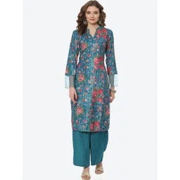 Rangriti Women Turquoise Blue Floral Printed Kurta with Palazzos-image-39