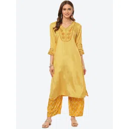 Rangriti Women Yellow Floral Embroidered Kurta with Trousers-picture-24