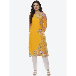 Rangriti Women Yellow Floral Printed Thread Work Kurta image 1