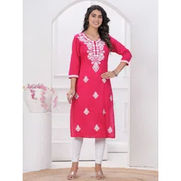 RANI PRINTS Ethnic Motifs Chikankari Embroidered V-Neck Pure Cotton Straight Kurta-picture-34