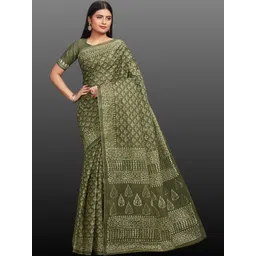 Rani Saahiba Floral Block Printed Pure Cotton Saree With Unstitched Blouse Piece-picture-19