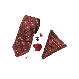 RARE COMBEE GROUP Men Checked Silk Necktie With Pocket Square, Rose Pin & Cufflinks-picture-26