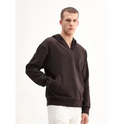 RARE RABBIT Caig Men Dark Brown Brand Logo Embroidered Cotton Hooded Sweatshirt-picture-23