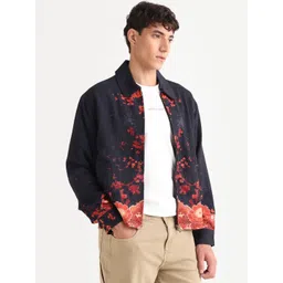 RARE RABBIT Men Floral Longline Bomber with Embroidered Jacket-picture-15