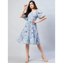 RARE Blue Floral Printed Fit & Flare Dress-picture-34