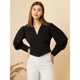 rare Casual Cuffed Sleeves Solid Women Black Top-picture-20