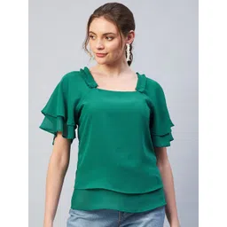 RARE Green Solid Georgette Tiered Top-picture-30