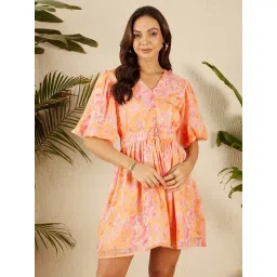 Rare Orange & Pink Floral Print Fit & Flare Dress-picture-36