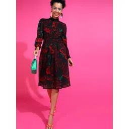 RARE Women Floral Print Georgette A-Line Knee Length Dress-picture-44