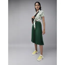 RARE Women Green Accordion Pleated Solid A-Line Midi Skirt-picture-15