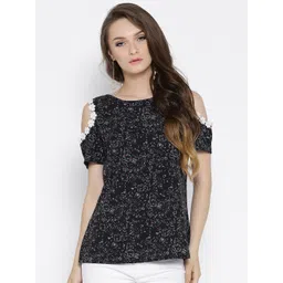 RARE Women Navy Lightweight Printed Cold-Shoulder Top-image-38