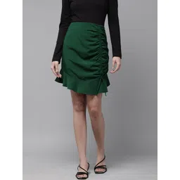 RARE Women Olive Green Solid Ruched Detail Flounce Hem A-Line Skirt-picture-22