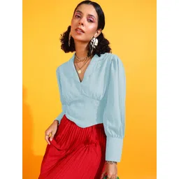 RARE Women Shirt Collar Cuffed Sleeves Crepe Crop Top-picture-39