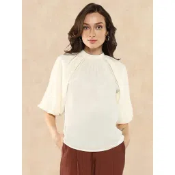 RAREISM Beige Satin Solid Short Sleeves Top-picture-36