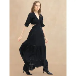 RAREISM Black Cotton Solid Short Sleeves Dress-picture-36