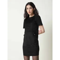 RAREISM Black Polyester Solid Short Sleeves Dress image 4