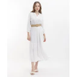 RAREISM Mandarin Collar Cuffed Sleeves Gathered Tiered Fit & Flare Midi Dress-picture-26