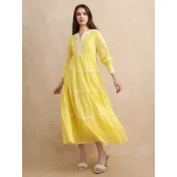 RAREISM Mustard Cotton Solid Long Sleeves Dress-picture-20