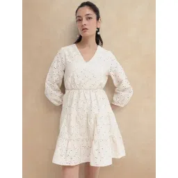 RAREISM Off White Cotton Blend Solid Three-Quarter Sleeves Dress-picture-32