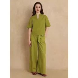 RAREISM Olive Linen Solid Short Sleeves Top-picture-14