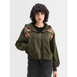 RAREISM Olive Relaxed Fit Floral Hooded Sweatshirt-picture-43