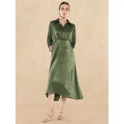 RAREISM Olive Velvet Solid Three-Quarter Sleeves Dress-picture-31