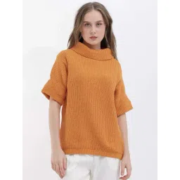 RAREISM Orange Cotton Solid Short Sleeves Sweater-picture-29