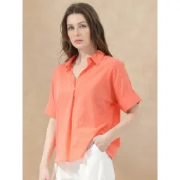 RAREISM Orange Cotton Solid Short Sleeves Top-picture-47