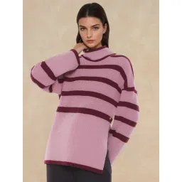 RAREISM Pink Acrylic Striped Long Sleeves Sweater-image-36