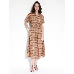 RAREISM Printed Shirt Collar Cotton A-Line Midi Dress-picture-10