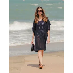 RAREISM Self Design Kimono Sleeve Lace Up Cotton Kaftan Dress-picture-34