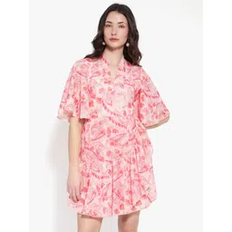 RAREISM V Neck Floral Printed A-Line Mini Dress-picture-32