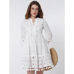 RAREISM White Cotton Solid Three-Quarter Sleeves Dress-picture-29