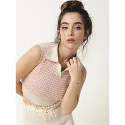 RAREISM Women Beige & Pink Cable Knit Crop Sweater Vest-picture-11