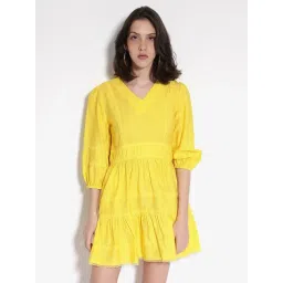 RAREISM Yellow Blended Solid Three-Quarter Sleeves Dress-picture-15