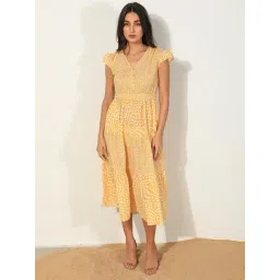 RAREISM Yellow Cotton Printed Short Sleeves Dress-picture-31