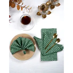 ratan cart TARAN LIVING Green & White 4 Pieces Polka Dots Printed Linen Table Napkins-picture-32